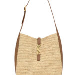 Saint Laurent Le 5 A 7 Supple Small In Raffia And Leather Coffee